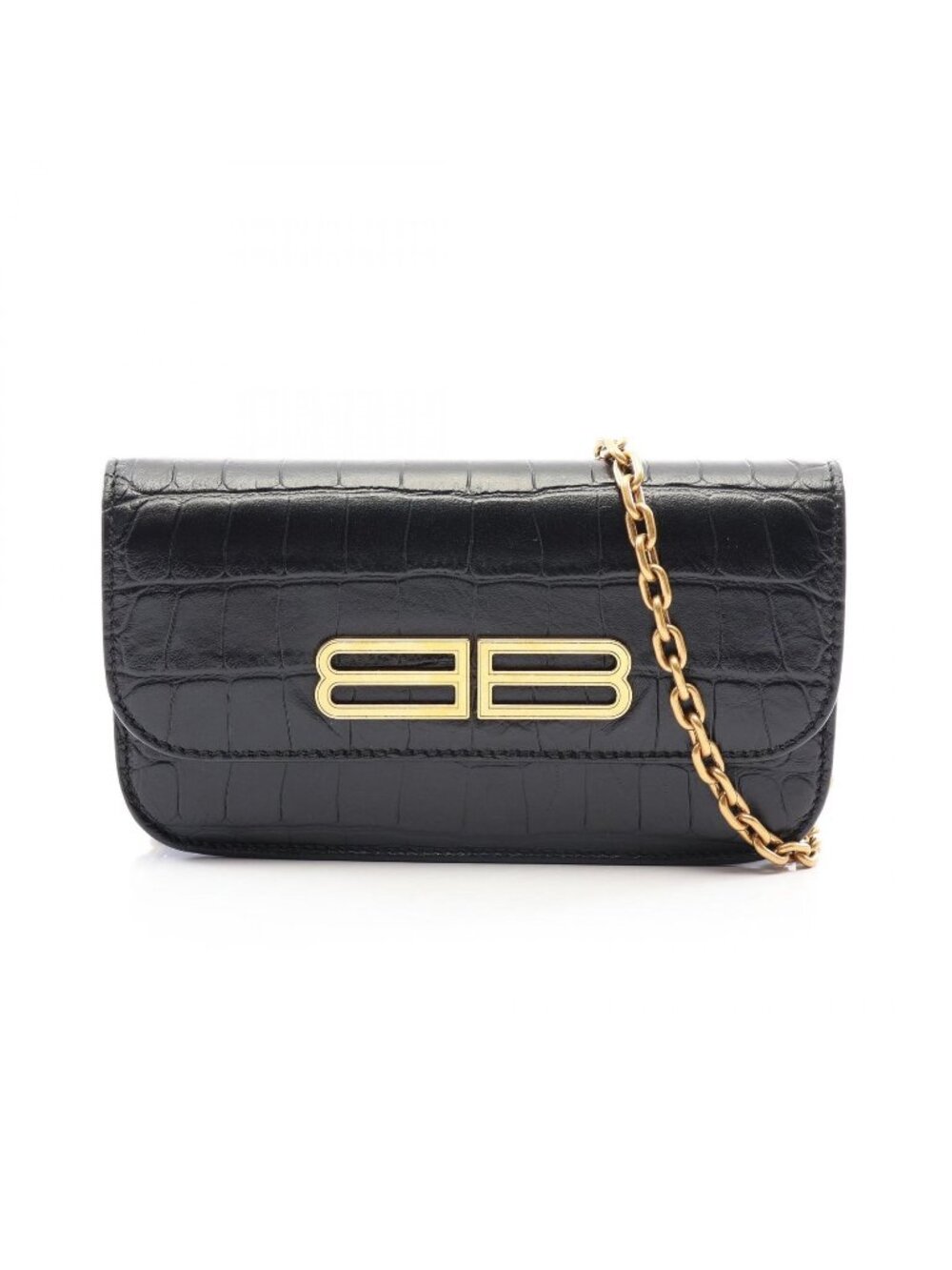 Balenciaga Shoulder Bag Gossip Croco Embossed Black Leather Chain Wallet